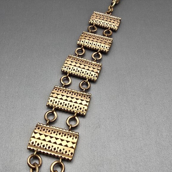 VTG Solid Copper Panel Link Bracelet 7" Geometric Cutout Designs Hook Clasp 50s - Picture 4 of 14